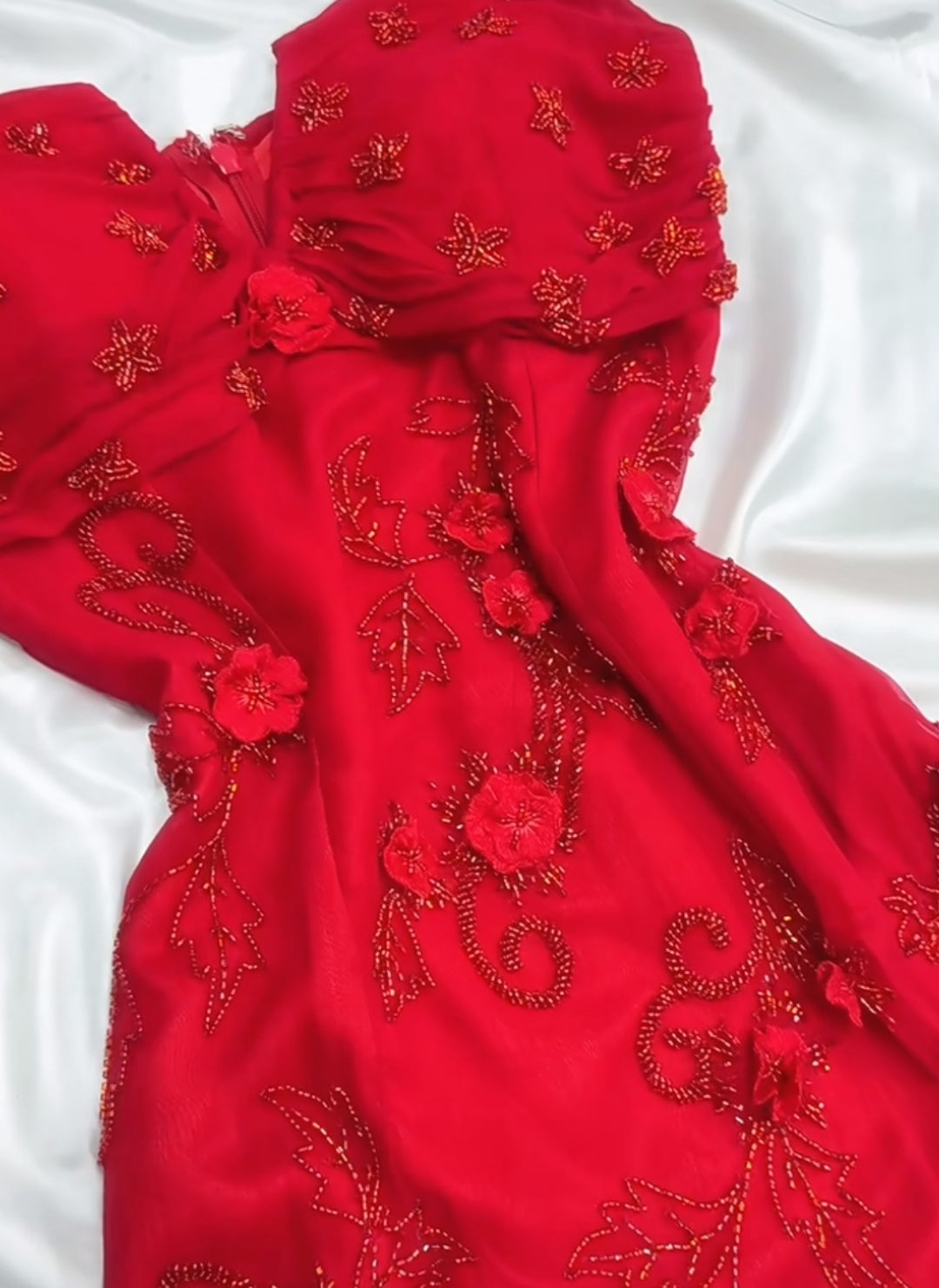 Fairytale Red Chiffon Prom Dress for Party&Birthday Glitter Beaded Applique Evening Gown HZ1024
