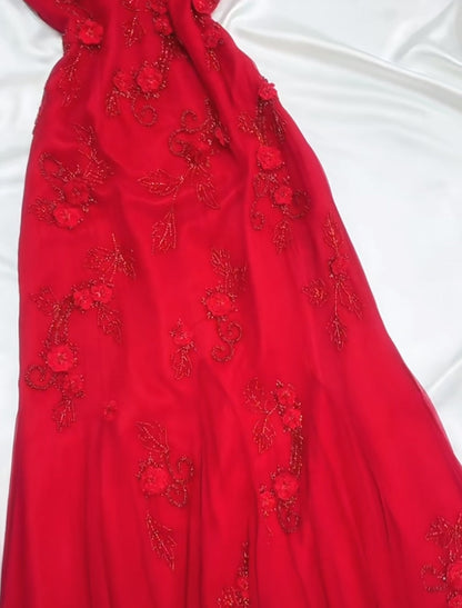 Fairytale Red Chiffon Prom Dress for Party&Birthday Glitter Beaded Applique Evening Gown HZ1024