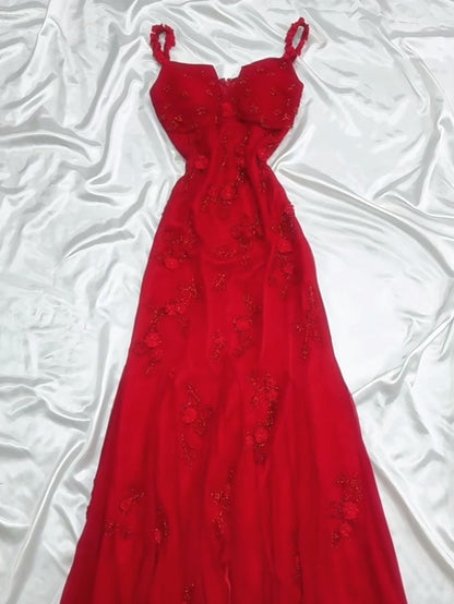 Fairytale Red Chiffon Prom Dress for Party&Birthday Glitter Beaded Applique Evening Gown HZ1024