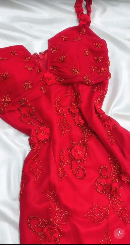 Fairytale Red Chiffon Prom Dress for Party&Birthday Glitter Beaded Applique Evening Gown HZ1024