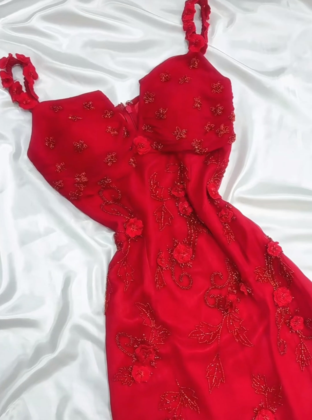 Fairytale Red Chiffon Prom Dress for Party&Birthday Glitter Beaded Applique Evening Gown HZ1024