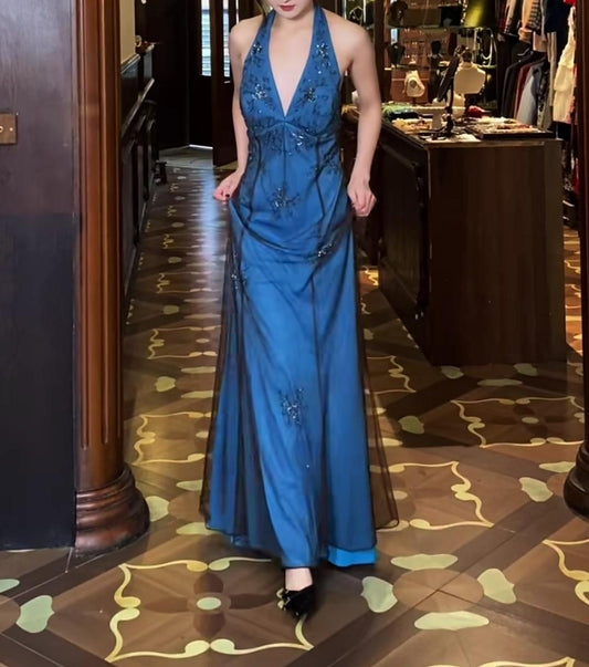 Retro V-neck Blue Beaded Satin Sheath Elegant Backless Chiffon Spaghetti Strap Long Evening Gown ED01956