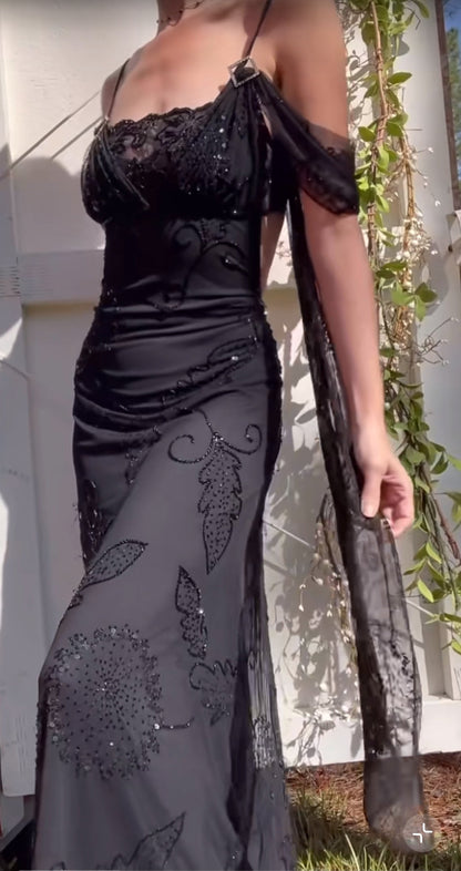 Sexy Black Spaghetti Strap Chiffon Beaded Long Prom Dress Vintage Backless Party Dress ED01957