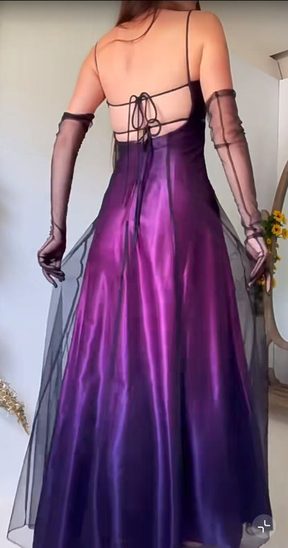 Midnight Purple Satin Long Prom Dress Enchanted Spaghetti Strap Beading & Tulle Evening Gown HZ1024