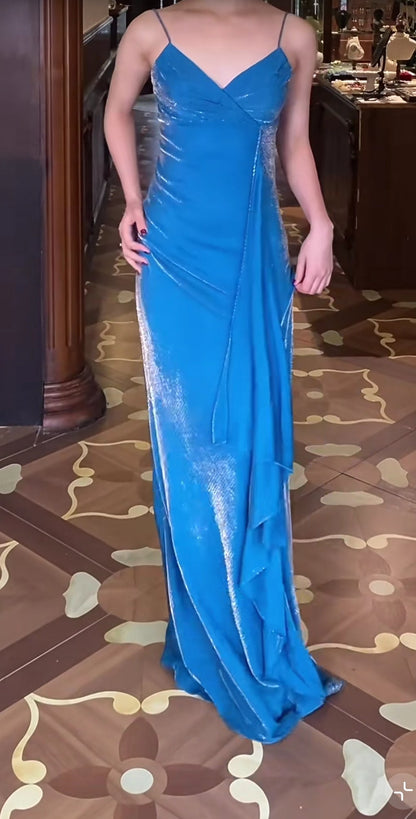 Elegant Blue Spaghetti Strap Velvet Long Prom Dress Vintage Backless Party Dress ED01962