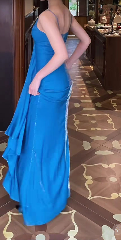 Elegant Blue Spaghetti Strap Velvet Long Prom Dress Vintage Backless Party Dress ED01962