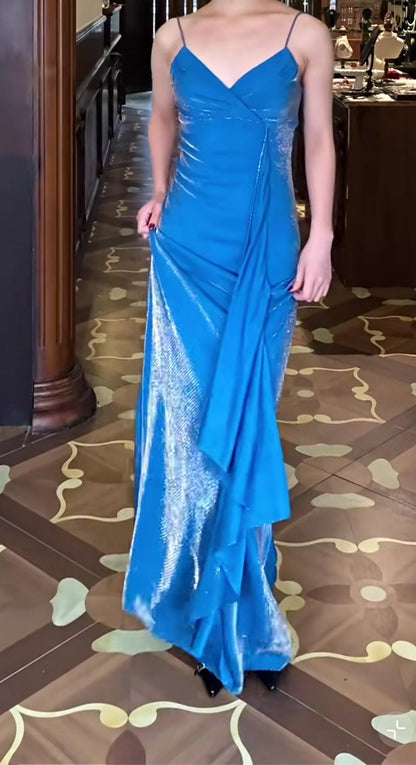 Elegant Blue Spaghetti Strap Velvet Long Prom Dress Vintage Backless Party Dress ED01962