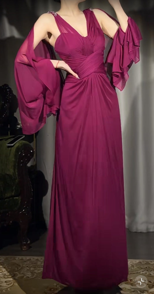 Elegant A-Line Grape V-neck Long Prom Dress Glam Sleeveless Chiffon Evening Dress ED01958