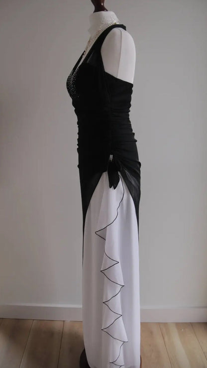 Vintage Black Chiffon Beaded Neck Prom Dresses Elegant White Ruffle Party Dresses ED01963