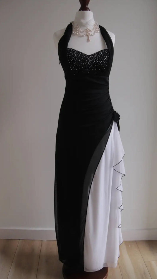 Black Chiffon Beaded Neck Prom Dresses Elegant White Ruffle Party Dresses HZ1024