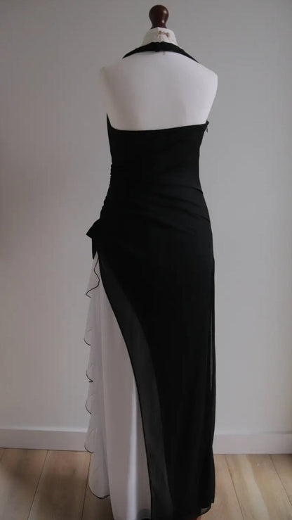 Vintage Black Chiffon Beaded Neck Prom Dresses Elegant White Ruffle Party Dresses ED01963