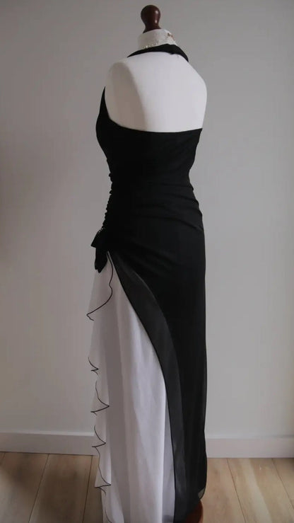 Vintage Black Chiffon Beaded Neck Prom Dresses Elegant White Ruffle Party Dresses ED01963