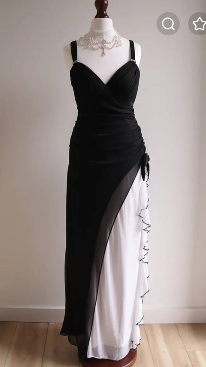 Black V-neck Chiffon Ball Dress Glam Ruffle Party Dress HZ1024