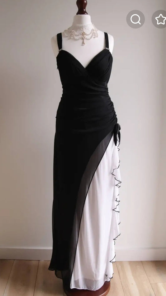 Black V-neck Chiffon Ball Dress Glam Ruffle Party Dress HZ1024