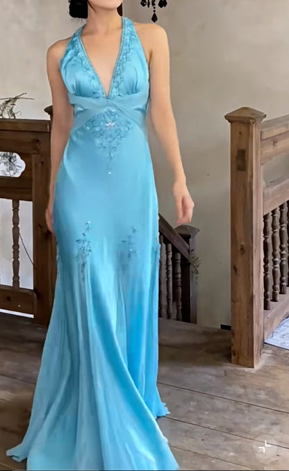 Glam Satin Sky Blue Halter Prom Dress Elegant Beaded Backless Evening Gowns ED01965