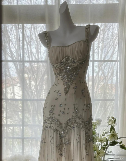 Elegant Spaghetti Straps Apricot Beaded Chiffon Mermaid Gowns Vintage Backless Prom Dress ED01970