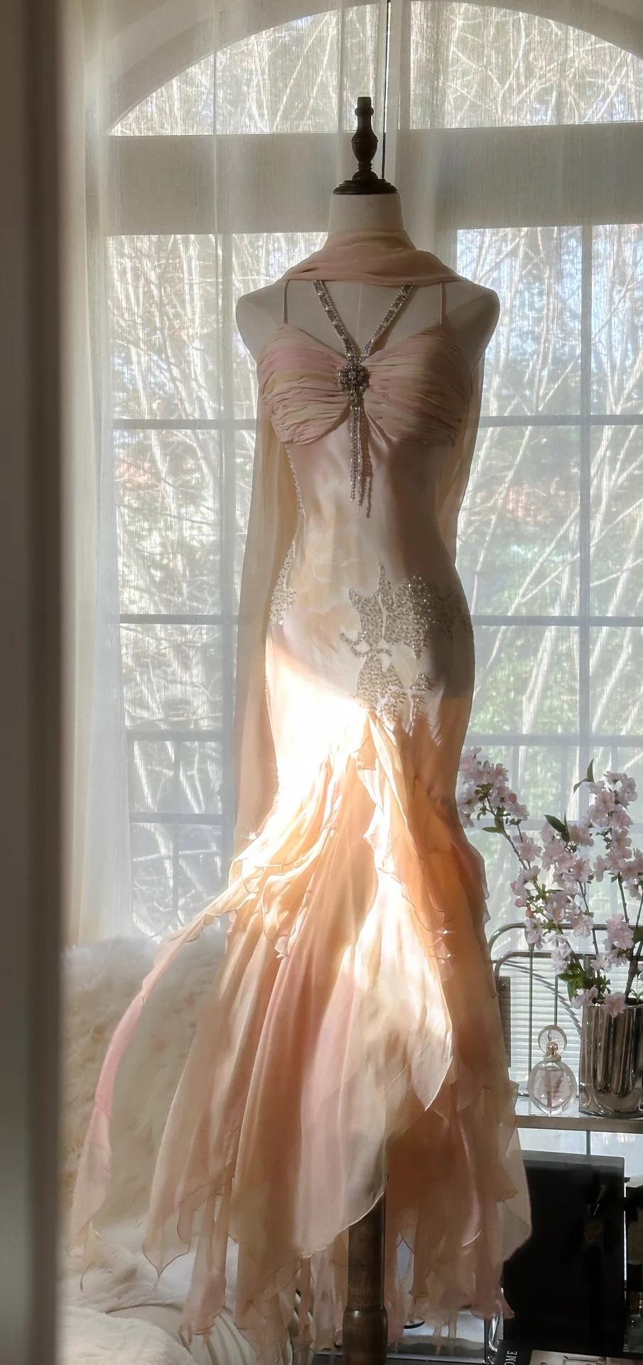 Spaghetti Straps Ombre Chiffon Mermaid Gowns Vintage Gentle Backless Prom Dress HZ1024