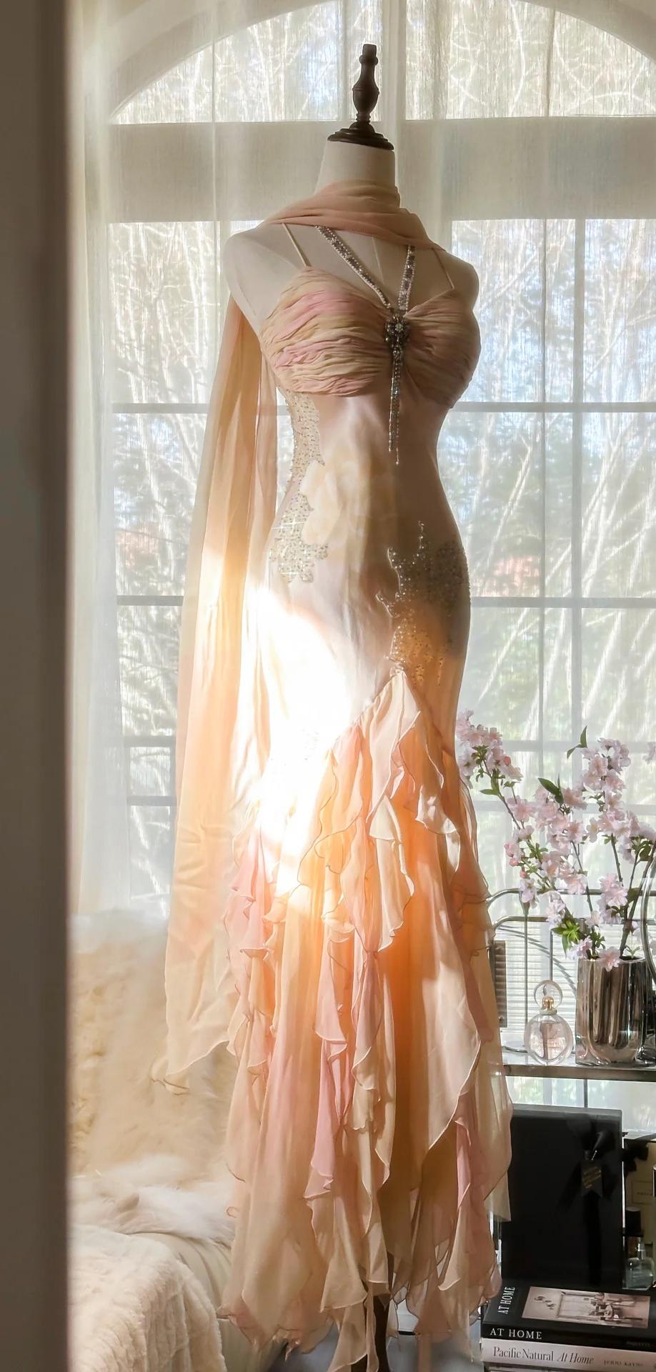 Spaghetti Straps Ombre Chiffon Mermaid Gowns Vintage Gentle Backless Prom Dress HZ1024