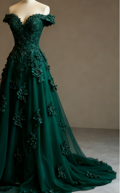 Red A-line Off-the-shoulder Tulle Beaded Long Prom Dress Formal Applique Evening Dress HZ1024