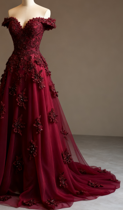 Gorgeous Red A-line Off-the-shoulder Tulle Beaded Long Prom Dress Formal Applique Evening Dress ED01977