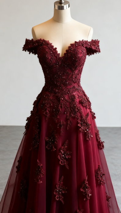 Red A-line Off-the-shoulder Tulle Beaded Long Prom Dress Formal Applique Evening Dress HZ1024
