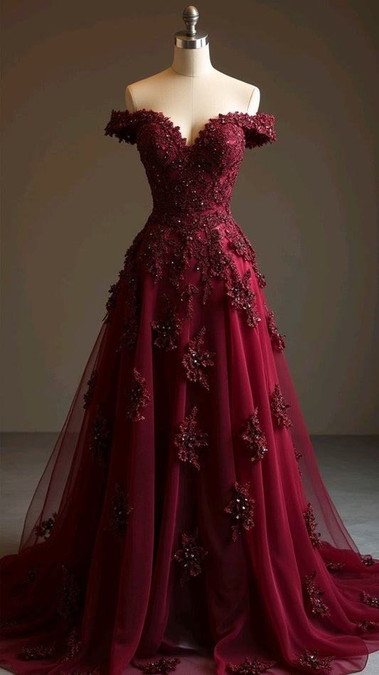 Red A-line Off-the-shoulder Tulle Beaded Long Prom Dress Formal Applique Evening Dress HZ1024