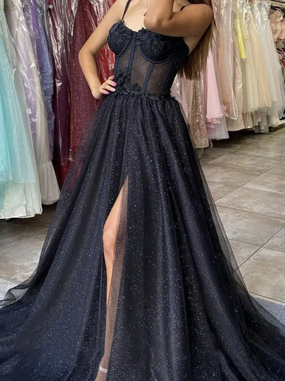 Black A-Line Tulle Sequin Long Prom Dress Spaghetti Strap Formal Evening Dress with Silt HZ1024
