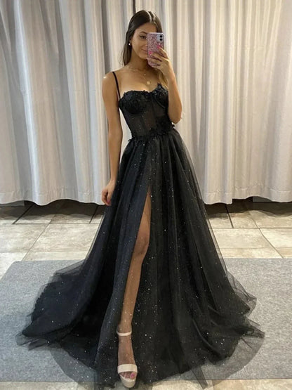 Black A-Line Tulle Sequin Long Prom Dress Spaghetti Strap Formal Evening Dress with Silt HZ1024