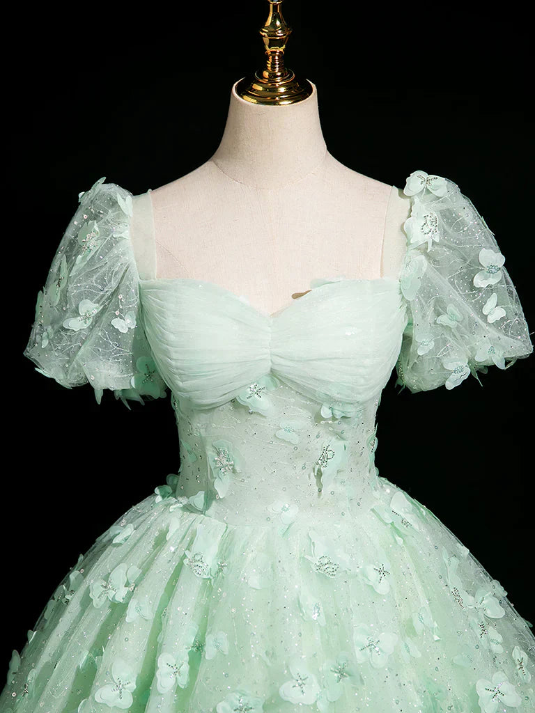 Mint Green A-Line Puff Sleeves Tulle Lace Long Prom Dress Formal Dress HZ1024