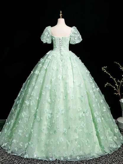 Mint Green A-Line Puff Sleeves Tulle Lace Long Prom Dress Formal Dress HZ1024