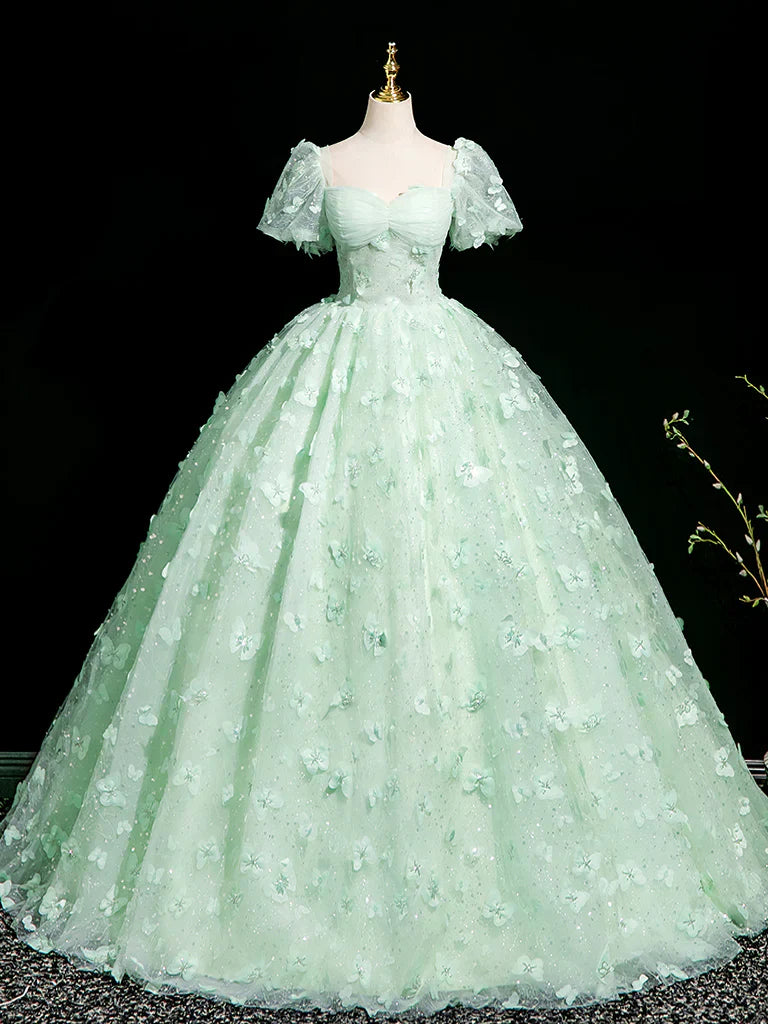 Mint Green A-Line Puff Sleeves Tulle Lace Long Prom Dress Formal Dress HZ1024