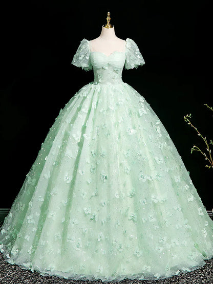 Mint Green A-Line Puff Sleeves Tulle Lace Long Prom Dress Formal Dress HZ1024