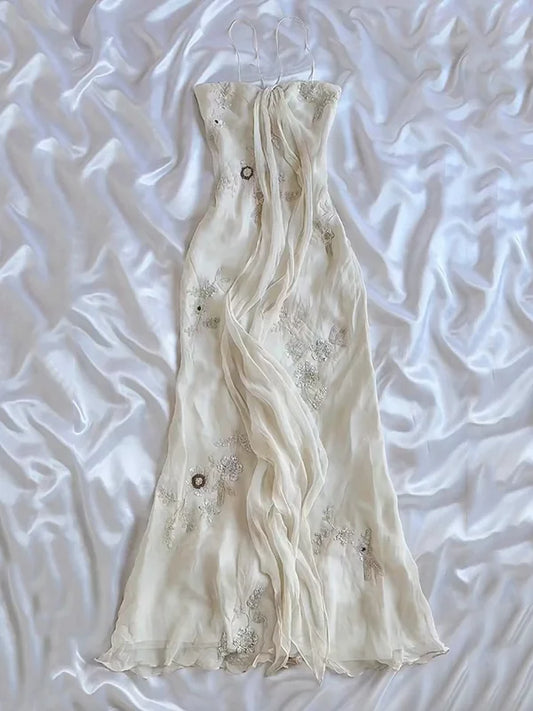 Vintage White  Spaghetti Straps Chiffon Sheath Gentle Prom Dresses with Beading ED01985