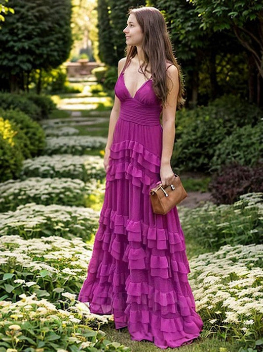 Elegant Purple Spaghetti Straps A-Line Chiffon Long Prom Dress Backless Formal Evening Dress ED01986
