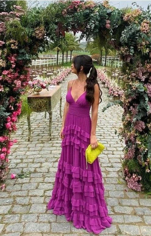 Elegant Purple Spaghetti Straps A-Line Chiffon Long Prom Dress Backless Formal Evening Dress ED01986
