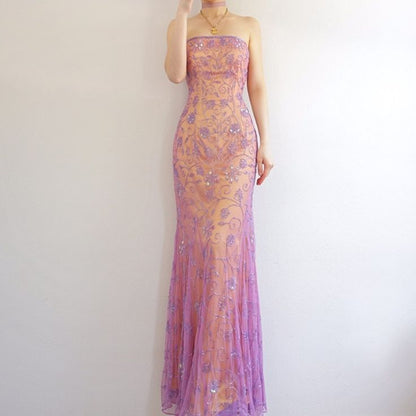 Purple Chiffon Mermaid Prom Dresses Elegant Beaded Sleeveless Party Dresses HZ1024