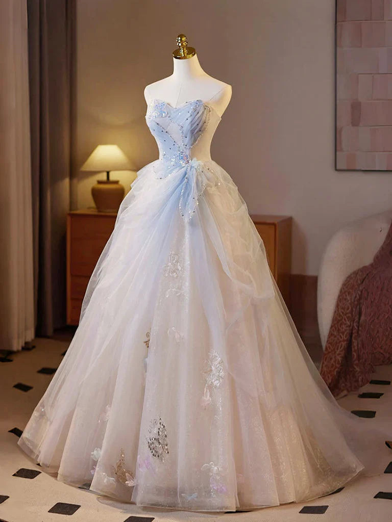 Fairytale A-Line Sweetheart Tulle Champagne Long Prom Dresses Beaded Sequins Sweet 16 DressesED01990