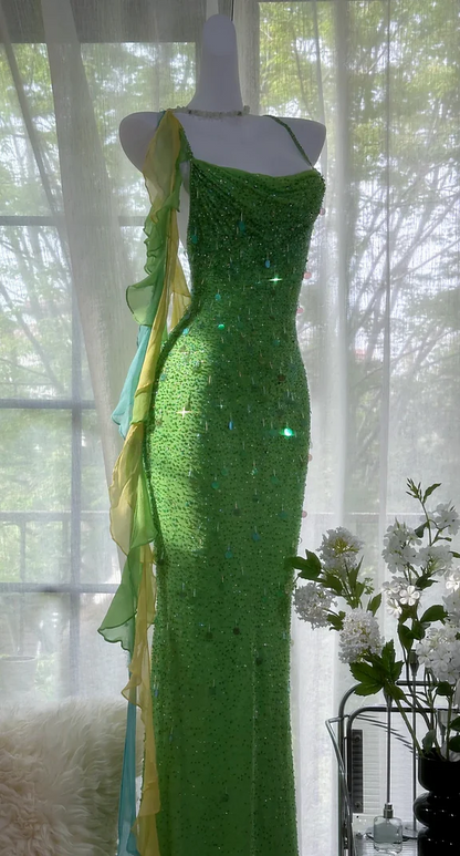 Green Spaghetti Strap Mermaid Prom Dresses Sparkling Beaded Sequins Long Evening Dresses with Open Back HZ1024