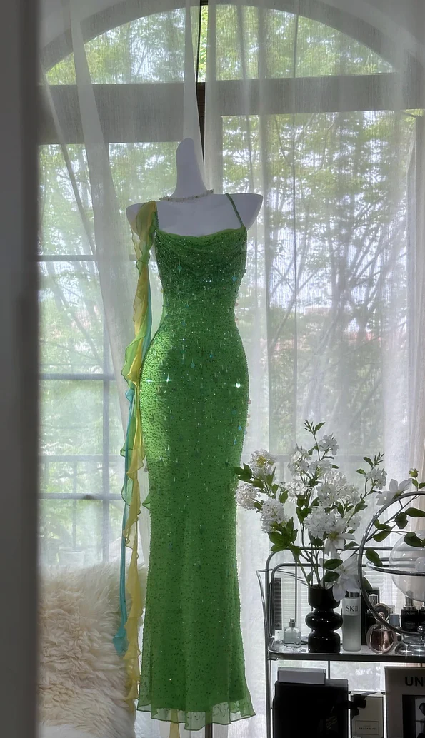Green Spaghetti Strap Mermaid Prom Dresses Sparkling Beaded Sequins Long Evening Dresses with Open Back HZ1024