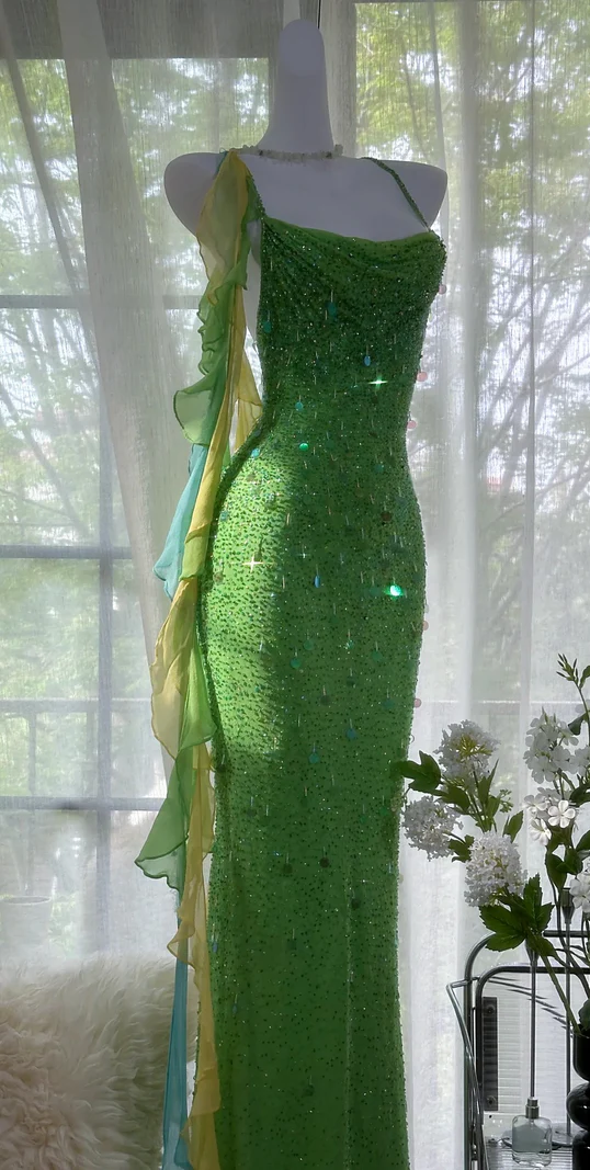 Green Spaghetti Strap Mermaid Prom Dresses Sparkling Beaded Sequins Long Evening Dresses with Open Back HZ1024
