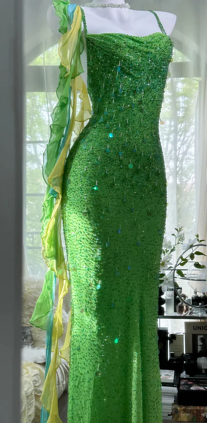Green Spaghetti Strap Mermaid Prom Dresses Sparkling Beaded Sequins Long Evening Dresses with Open Back HZ1024