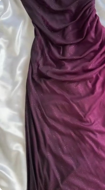 Vintage Grape One Shoulder Shiny Chiffon Sheath Elegant Party Dress with Ruffles ED01994