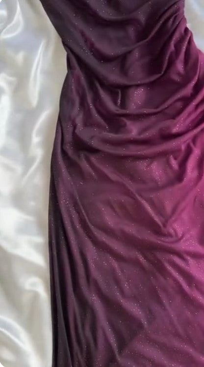 Vintage Grape One Shoulder Shiny Chiffon Sheath Elegant Party Dress with Ruffles ED01994