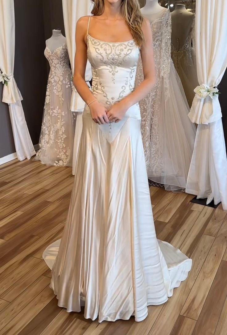 Elegant Spaghetti Straps Mermaid Wedding Dress Satin Beading Long Prom Dress Simple Formal Evening Dress ED01995