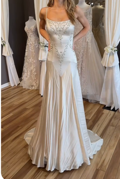 Elegant Spaghetti Straps Mermaid Wedding Dress Satin Beading Long Prom Dress Simple Formal Evening Dress ED01995