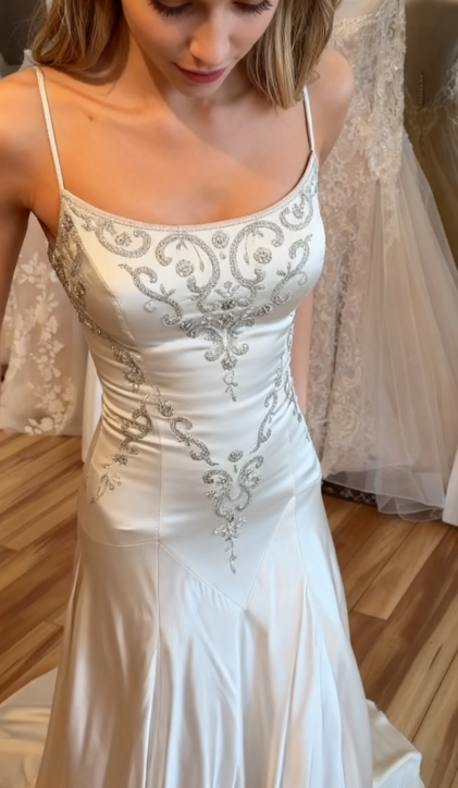 Elegant Spaghetti Straps Mermaid Wedding Dress Satin Beading Long Prom Dress Simple Formal Evening Dress ED01995
