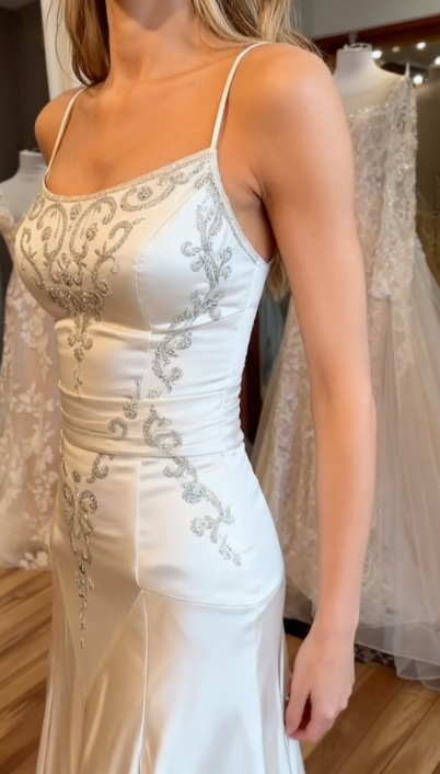 Elegant Spaghetti Straps Mermaid Wedding Dress Satin Beading Long Prom Dress Simple Formal Evening Dress ED01995