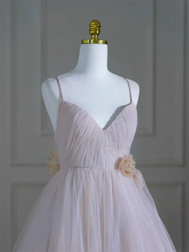 A-Line V Neck Tulle Pink Long Prom Dress, Pink Tulle Long Formal Dress ED020