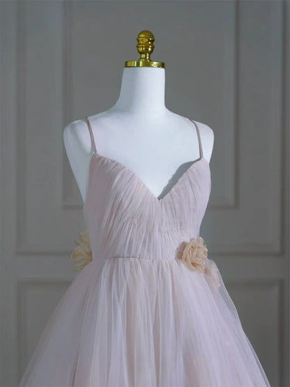A-Line V Neck Tulle Pink Long Prom Dress, Pink Tulle Long Formal Dress ED020