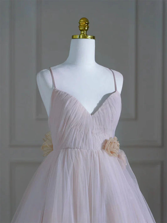 A-Line V Neck Tulle Pink Long Prom Dress, Pink Tulle Long Formal Dress ED020